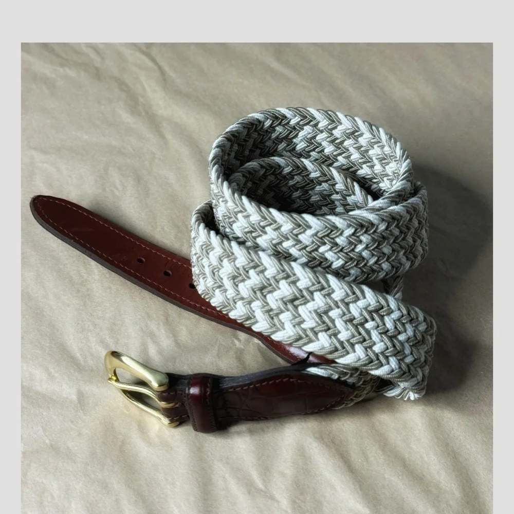 Crookhorn Belt Brown Croc Woven Braided Taupe Cream Brass Buckle Size 44
